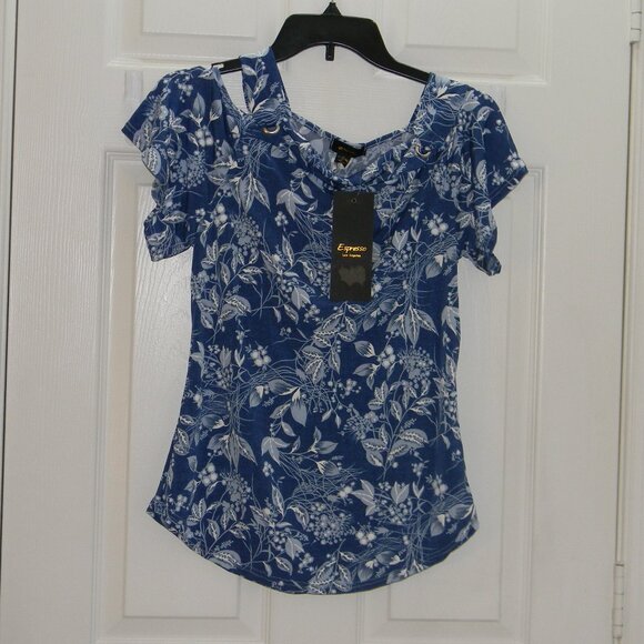 Espresso Los Angeles Blue White Print Cold Shoulder Top Womans Small NWT - Picture 4 of 6